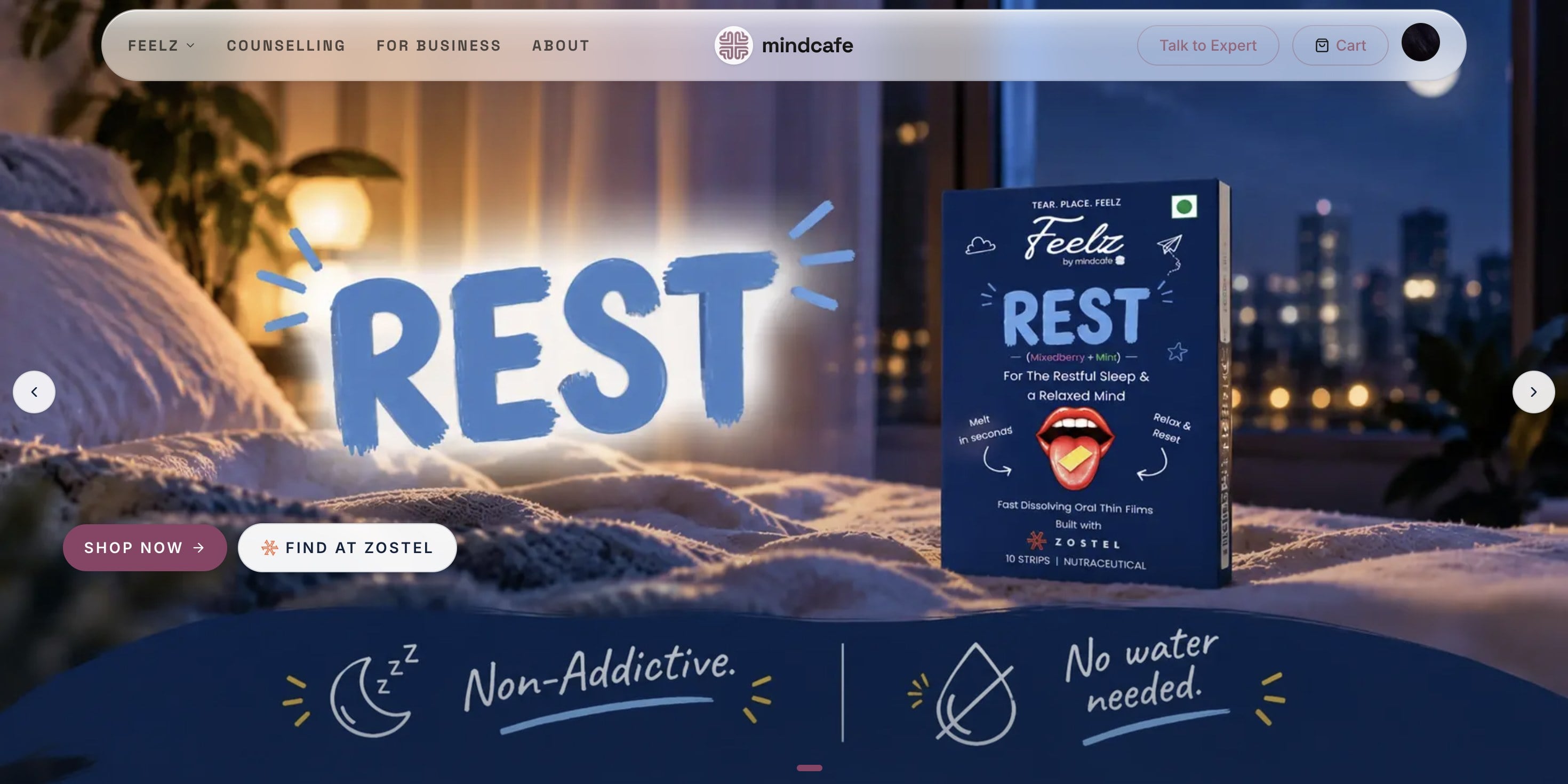 Mindcafe homepage showing the Feelz REST mood strips pack in a cosy bedroom at night.