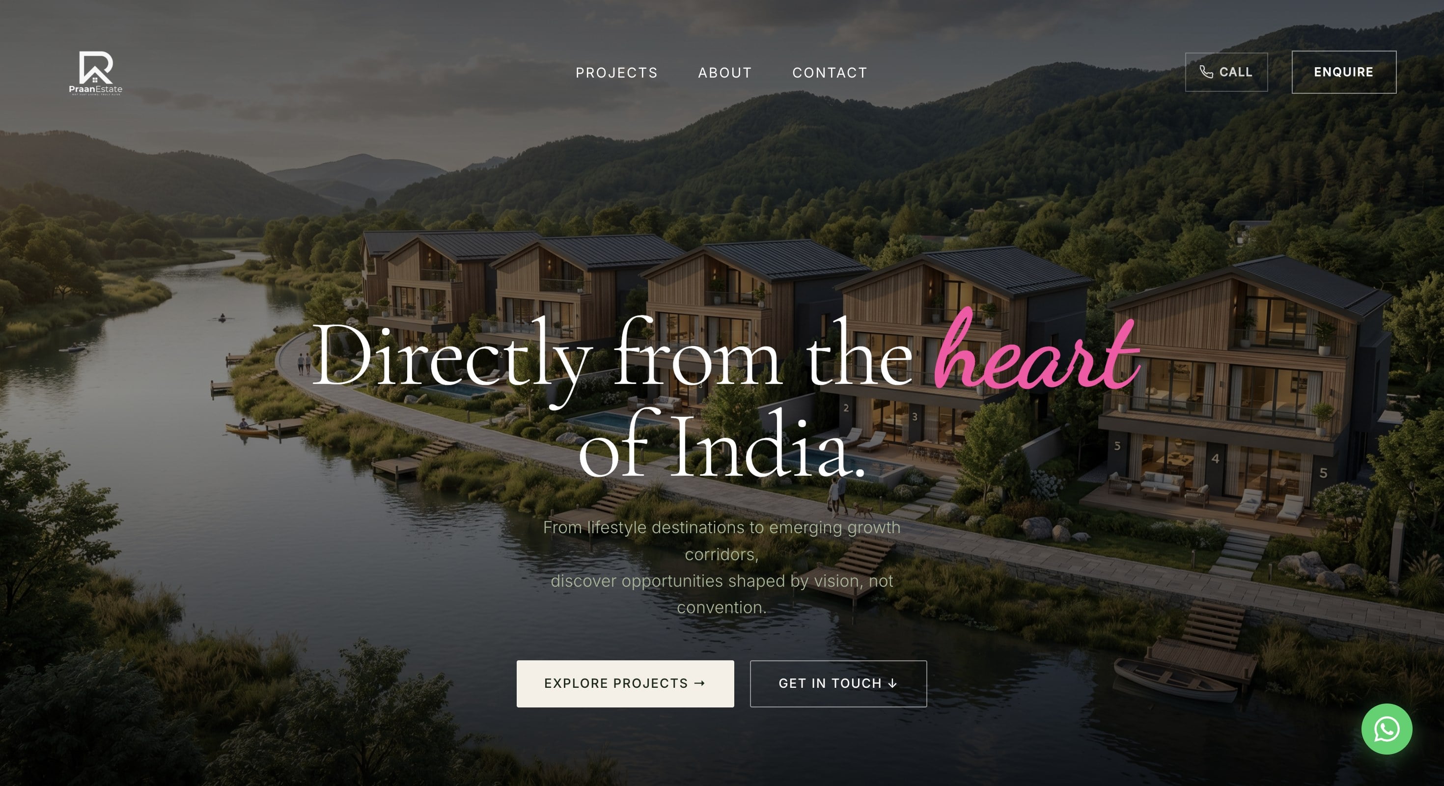 Praan Estates homepage: forest villas beside a river with the headline “Directly from the heart of India.”