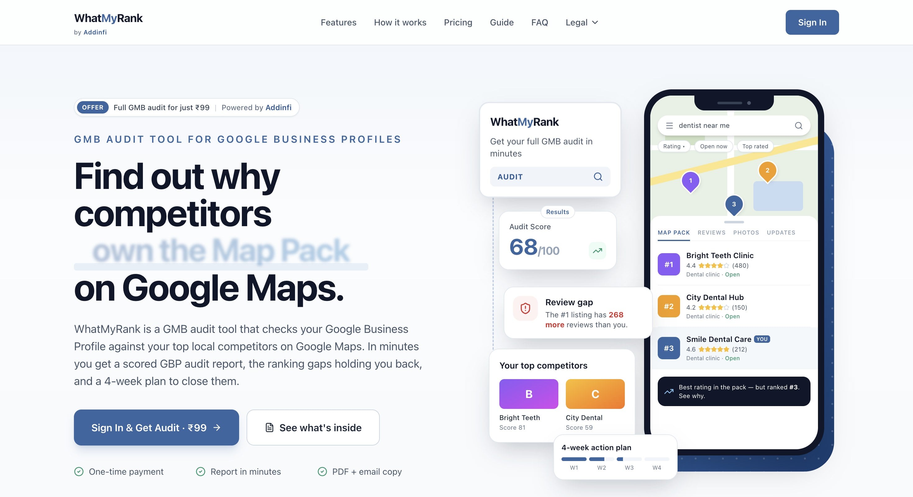 WhatMyRank homepage: “Find out why competitors own the Map Pack on Google Maps,” with a phone showing a Google Maps map pack and an audit score of 68/100.